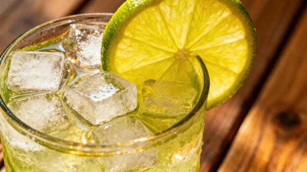 Close up of a refreshing, icy beverage garnished with a translucent citrus slice sits upon a wooden surface photo