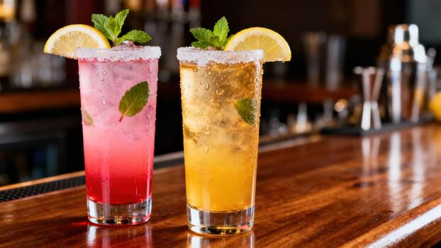 Two tall, chilled cocktails garnished with lemon slices and mint rest on a polished wooden bar top photo