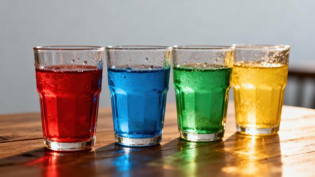 Four glasses containing vibrantly colored carbonated beverages line up across a wooden surface. photo