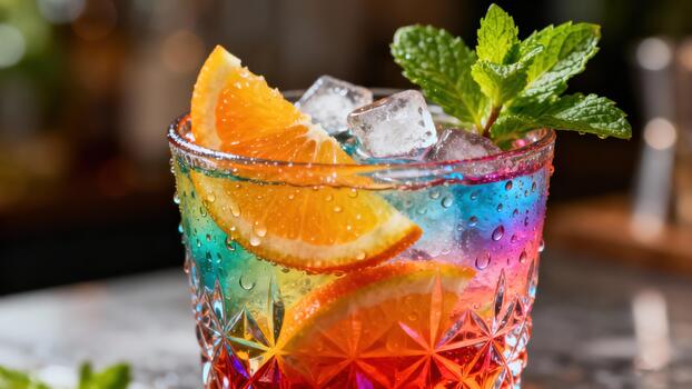 Brightly colored mixed beverage rests in a textured glass filled with ice cubes and citrus slices photo