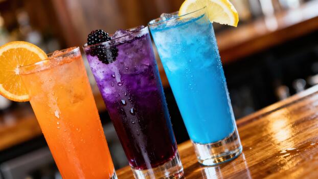Three tall, brightly colored mixed drinks are displayed on a reflective wooden counter photo
