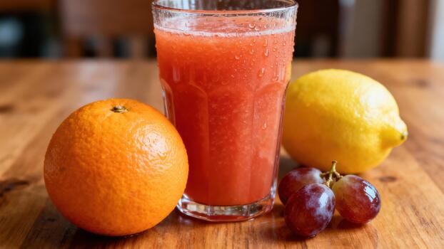 Chilled red fruit beverage rests beside whole citrus and grape cluster on wooden surface photo