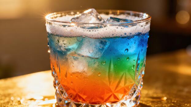 Chilled, layered, multi-colored beverage sits ready for enjoyment on a dimly lit surface photo