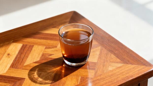 Dark beverage rests in a clear glass upon a richly patterned wooden surface illuminated by bright sunlight. photo