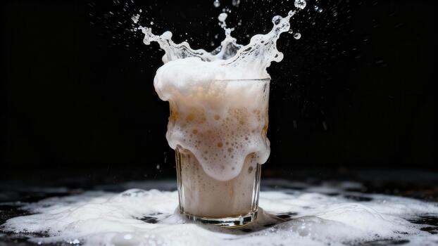 gaseoso bebida desborda desde un vaso en un dramático chapoteo en contra un oscuro antecedentes foto