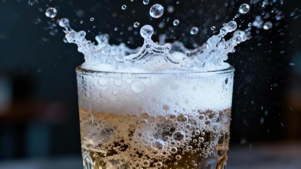 Carbonated beverage explodes upward from a glass creating a crown of liquid and foam photo