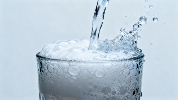 Stream of liquid fills a clear glass, creating foam and splashing droplets photo