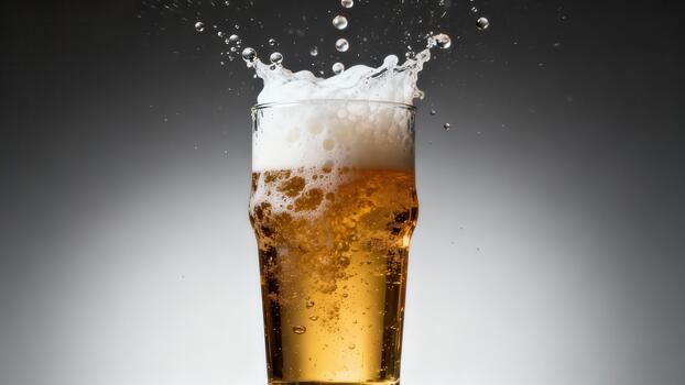 Refreshing liquid beverage erupts from a tall glass with vigorous splashing foam photo