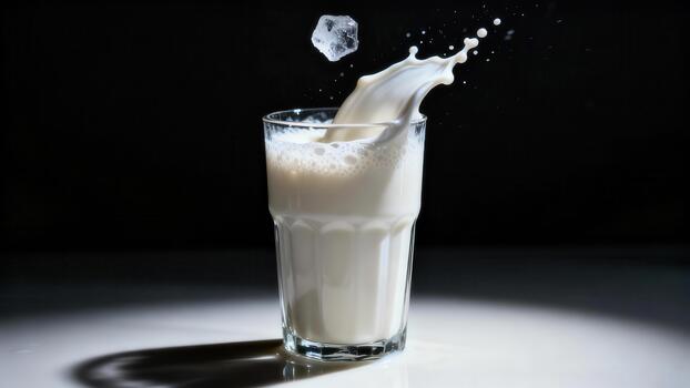 Clear glass filled with white liquid experiences a dramatic splash as an ice cube drops into it photo