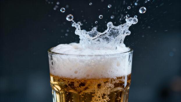 Frothy beverage erupts from a drinking vessel creating an energetic splash against a dark background photo