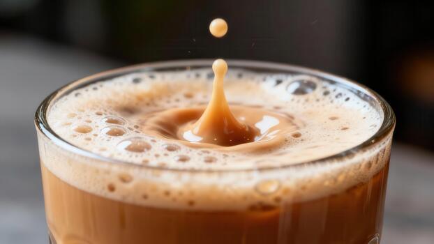 Liquid substance drops create crown splash effect in clear drinking vessel photo