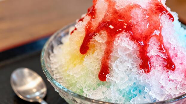 Shaved ice dessert with colorful syrup drizzled over fluffy ice crystals is served in a clear bowl photo