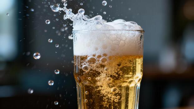 Refreshing golden beverage overflows from a clear glass with dynamic splashing action photo