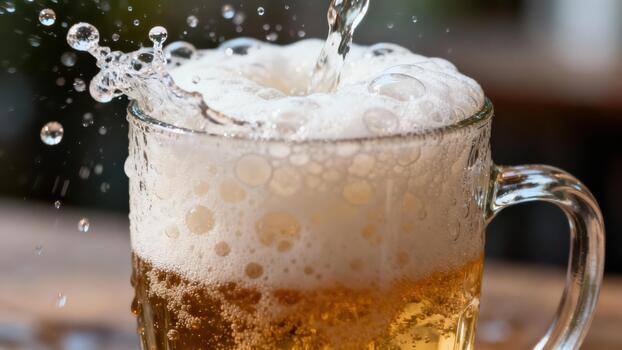 Liquid streams into a foamy glass creating a dynamic splash and droplets photo