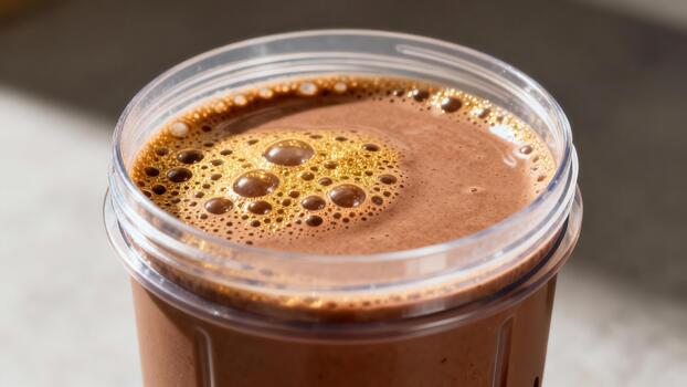 Close up view reveals rich brown beverage with a foamy top inside a clear container photo