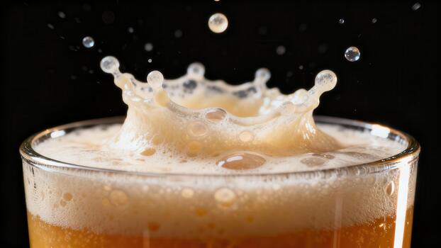 Amber liquid creates an intricate crown shape splash inside a clear drinking vessel photo