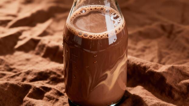 Glass container holds rich chocolate beverage with swirling light accents on textured brown surface photo