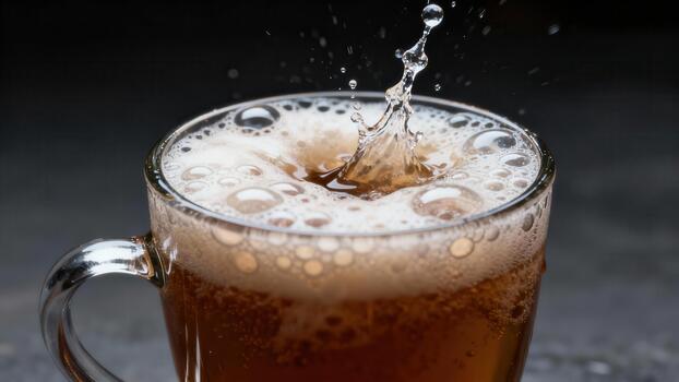 Liquid impact creates a dramatic splash and frothy foam atop a dark beverage in a clear mug. photo