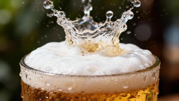 Liquid splashes dramatically upward from a frothy glass of beverage photo