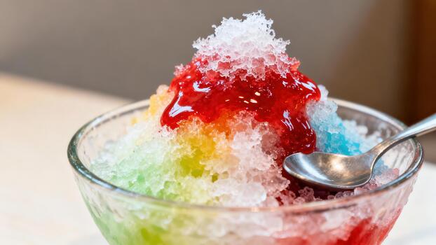 Multi-colored shaved ice dessert topped with bright red syrup rests in a clear bowl with a spoon. photo