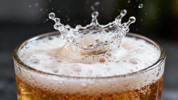 Liquid substance erupts upward forming a crown shape above the foamy surface inside a drinking vessel. photo