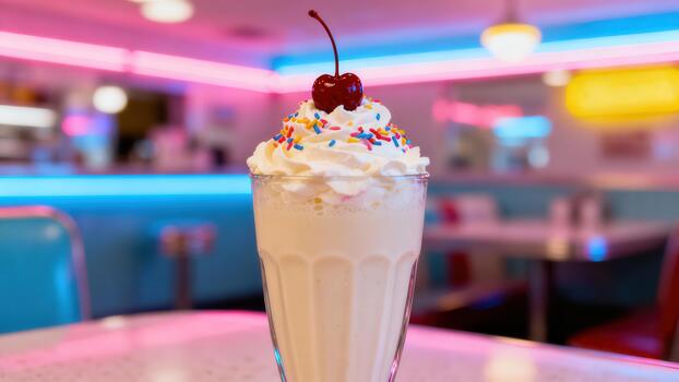 Vanilla milkshake topped with whipped cream and a maraschino cherry sits on a counter within a retro diner. photo