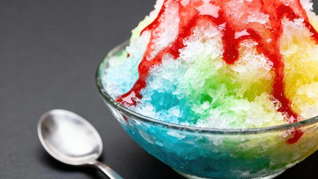 Refreshing shaved ice dessert features vibrant colors topped with sweet red syrup photo