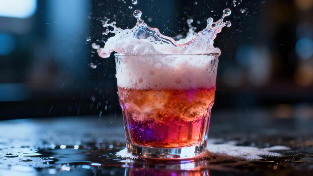 Vibrant beverage splashes dramatically from a short glass onto a reflective surface photo