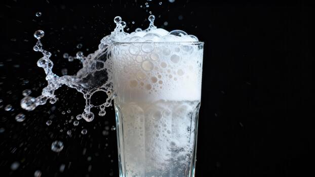 Carbonated beverage overflows from a tall glass with dramatic splashing against a dark background photo