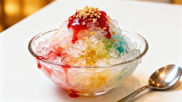 Colorful shaved ice dessert topped with syrup and crushed nuts served in a clear bowl photo