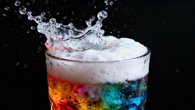 Impact causes dynamic liquid splash above a brightly colored beverage in a glass photo