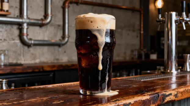 espumoso, oscuro bebida desborda un alto vaso descansando en un rústico de madera bar encimera. foto