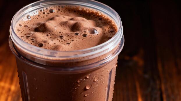 Rich chocolate beverage with frothy texture fills a transparent container set against a dark wooden background. photo