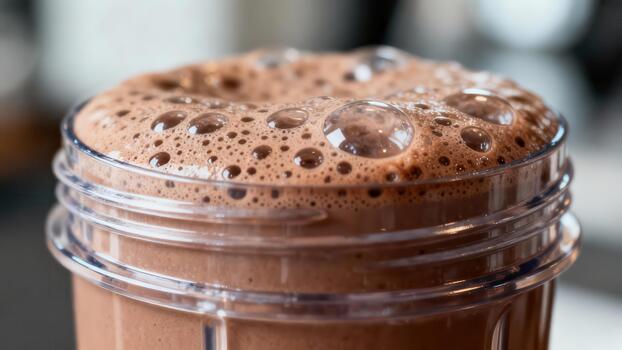 espumoso marrón bebida con muchos burbujas desborda el parte superior de un claro mezcla envase foto