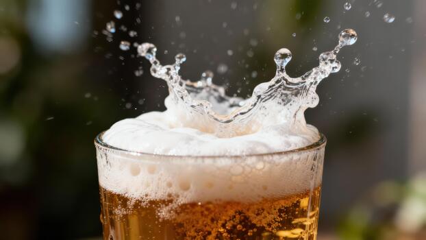 Liquid beverage undergoes dynamic splash creating crown shape above foamy head in clear glass photo