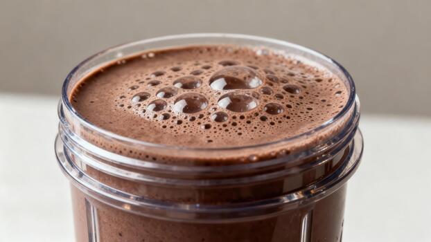 Dark brown blended beverage with foamy surface rests in a clear container photo