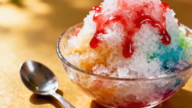 Brightly colored shaved ice dessert is topped with dripping red syrup and served in a clear bowl. photo