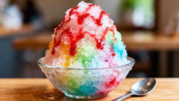 Mound of multicolored shaved ice topped with red syrup sits in a clear bowl photo