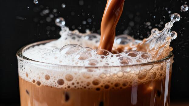 Rich brown beverage streams into a glass creating a dramatic splash and foam photo