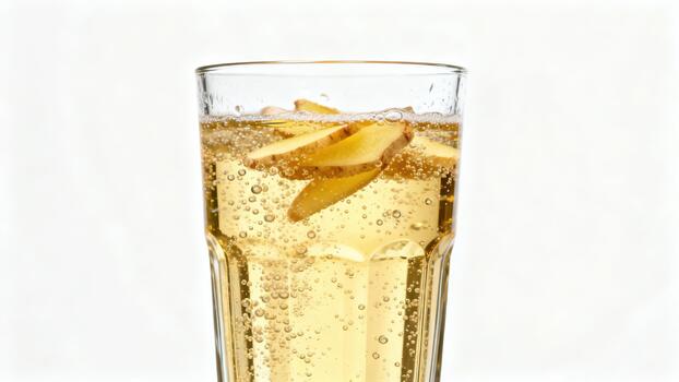 Refreshing beverage with floating fruit pieces displays numerous bubbles against a bright background photo