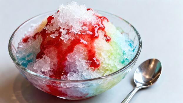 Brightly colored shaved ice dessert is served in a clear bowl with a metallic spoon resting beside it. photo