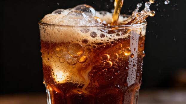Carbonated brown beverage pours into a glass filled with ice cubes causing a splash photo