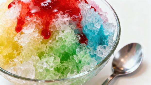 Shaved ice dessert with colorful syrup topping presented in a clear glass bowl beside a utensil photo