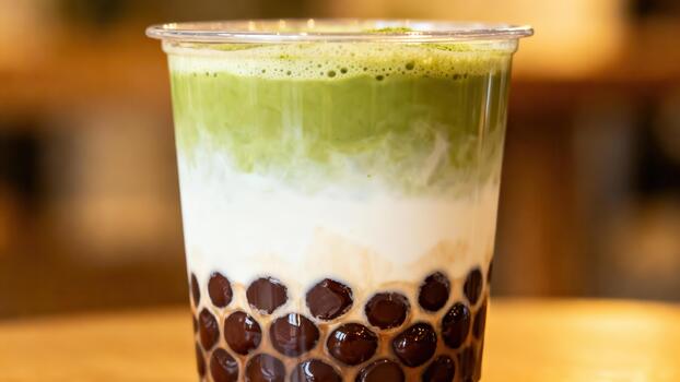 Layered beverage featuring green tea and milk with dark spherical additions in a clear cup photo