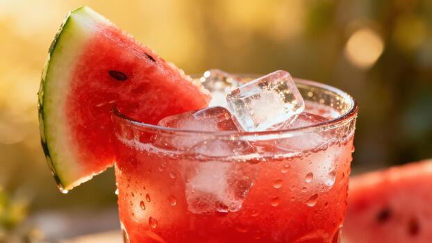 Refreshing fruit beverage with ice cubes garnished with a slice on the rim outdoors photo