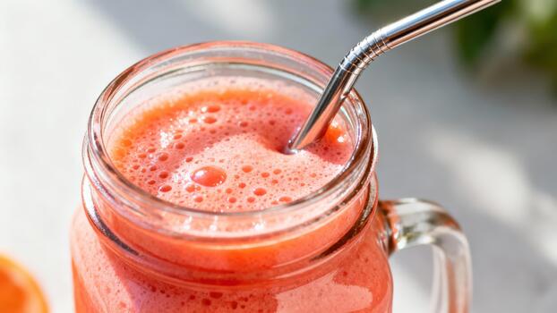 Refreshing pink colored beverage with foam rests inside a handled glass container with a metal straw photo