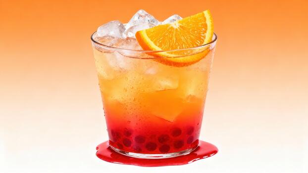 Refreshing layered beverage with ice cubes and citrus slice sits on a spilled base against a warm gradient background photo