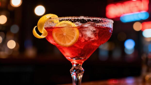 Vibrant ruby red mixed beverage garnished with citrus sits ready for consumption in dimly lit environment photo