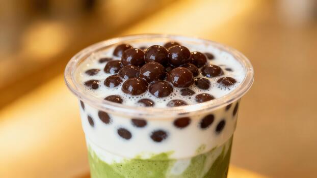 Layered green beverage topped with creamy foam and dark spherical additions in a clear container photo