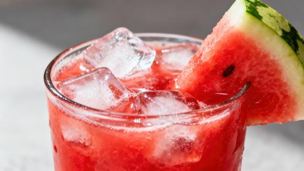 Refreshing chilled beverage showcases vibrant red liquid with abundant ice cubes and a fruit garnish photo